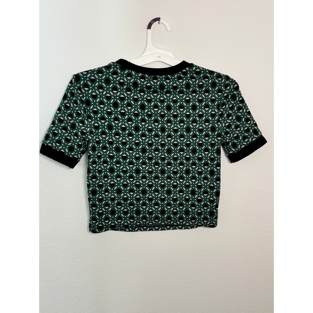 Zara Green Black Geometric Knit Crop Top Short Sleeve Crew Neck M - Picture 2 of 4